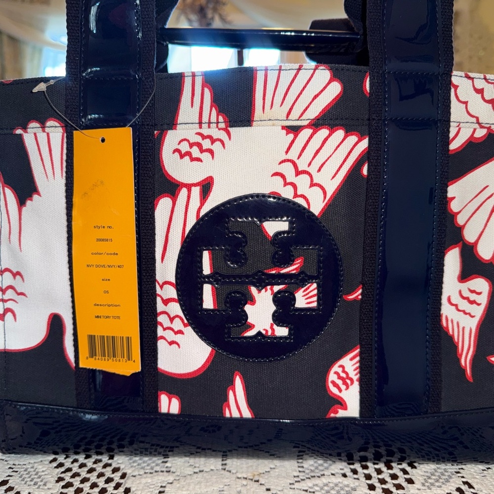 Tory Burch Black & White Canvas Tote with Red Accent - Picture 5 of 13